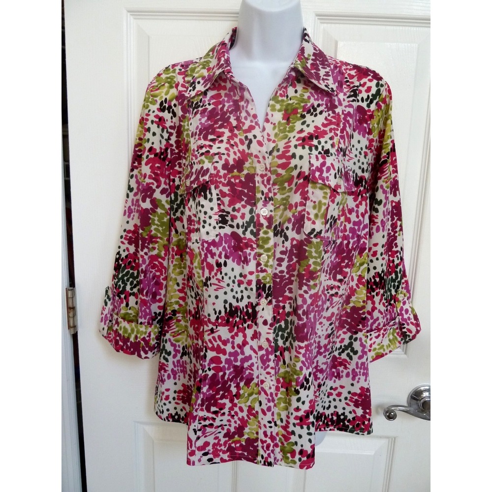 Kim Rogers Women Large Colorful Blouse 3/4 Roll Tab Sleeve Pocket Career Top